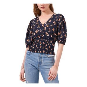 1. STATE Womens Navy Stretch Smocked Floral Pouf Sleeve Surplice Neckline Top M